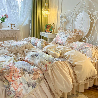 French Vintage Flamingo Tropical Botanical Print, Pure Cotton Bedding Set